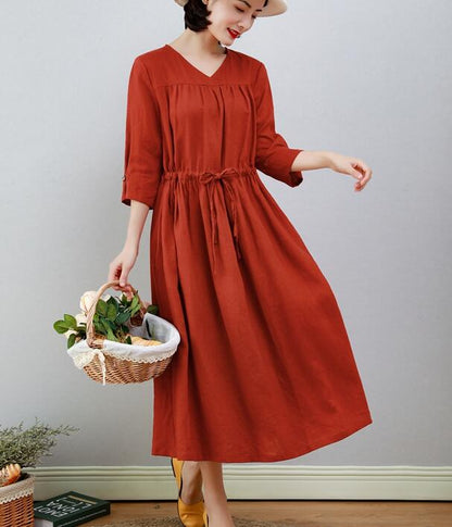 Red Women Dresses Ramie Casual Spring Linen Women Dresses MN97215 VPPBUY shop