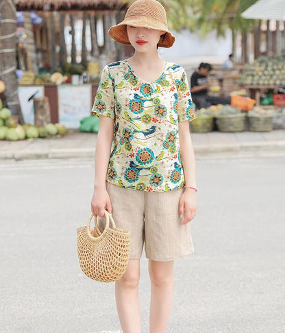 Floral  Linen Blouse Simple Style Shirts Summer Tops  SMM9508 VPPBUY shop