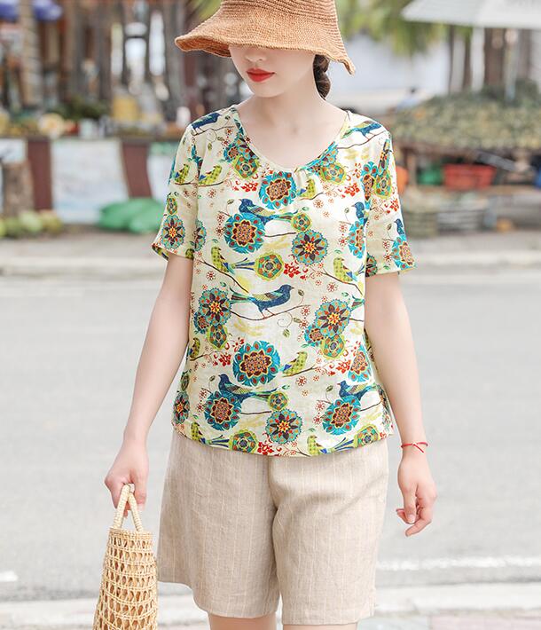 Floral  Linen Blouse Simple Style Shirts Summer Tops  SMM9508 VPPBUY shop