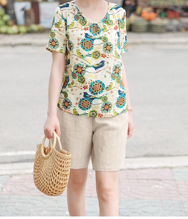 Floral  Linen Blouse Simple Style Shirts Summer Tops  SMM9508 VPPBUY shop