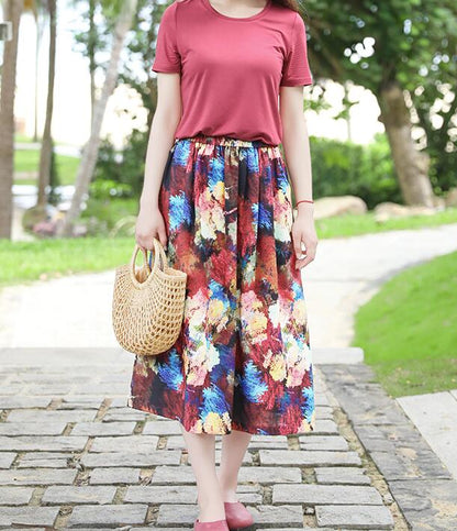 Floral Women's Skirts Summer 100% Linen Skirt Elastic Waist VPPBUY shop