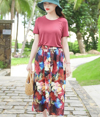 Floral Women's Skirts Summer 100% Linen Skirt Elastic Waist VPPBUY shop