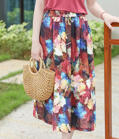 Floral Women's Skirts Summer 100% Linen Skirt Elastic Waist VPPBUY shop