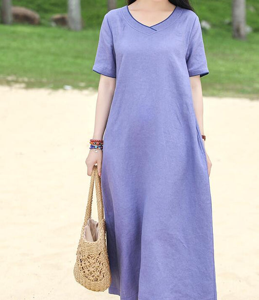 Purple V Neck Women Dresses Ramie Casual Spring Linen Women Dresses MN97215 VPPBUY shop