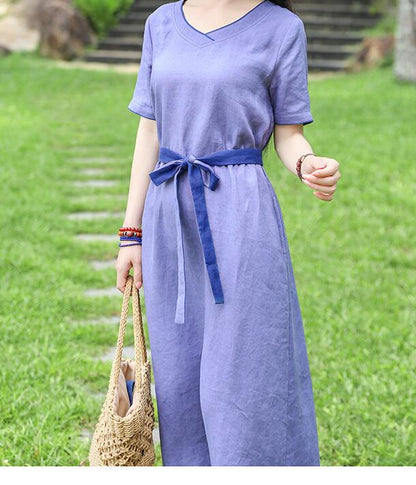 Purple V Neck Women Dresses Ramie Casual Spring Linen Women Dresses MN97215 VPPBUY shop