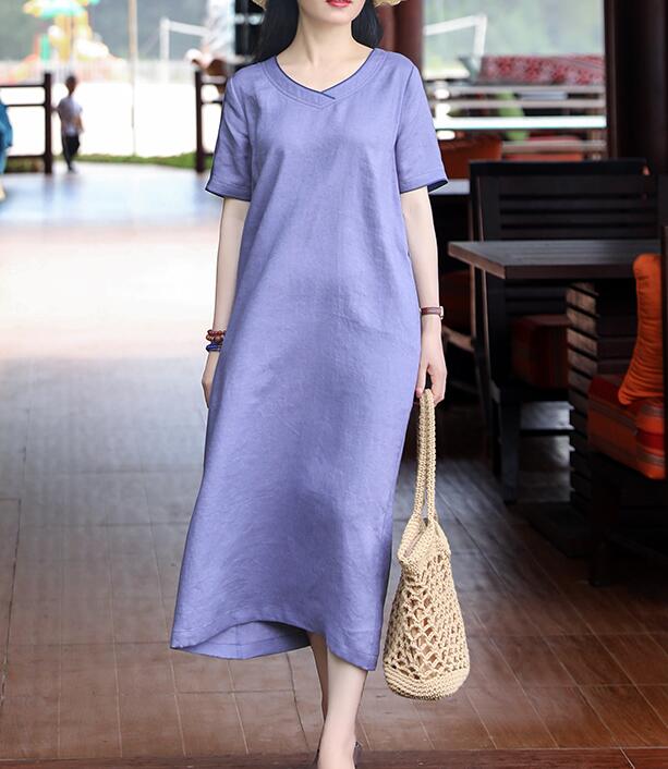 Purple V Neck Women Dresses Ramie Casual Spring Linen Women Dresses MN97215 VPPBUY shop