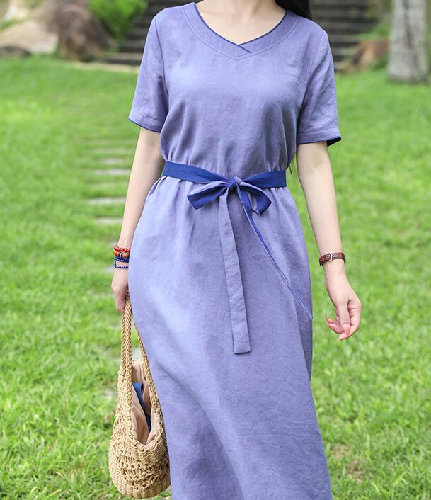 Purple V Neck Women Dresses Ramie Casual Spring Linen Women Dresses MN97215 VPPBUY shop