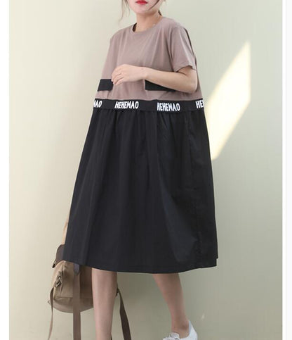 Color Patchwork O Neck Women Dresses Casual Linen Women Dresses Bat Short Sleeve SSM97215 VPPBUY shop