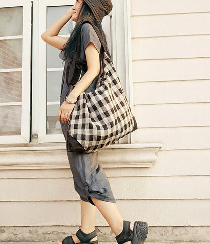 Checked Cotton Linen Bag  Shoulder Strap Single Shoulder Bag VPPBUY shop