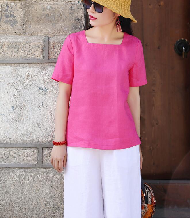 U Neck Linen Blouse Simple Style Shirts Summer Tops  SMM9508 VPPBUY shop