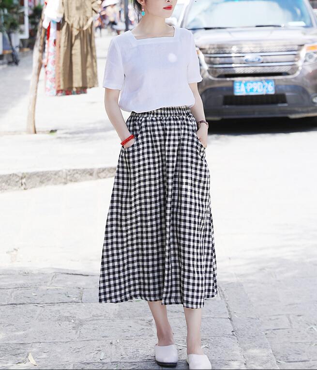 Plaid Women's Skirts Summer Linen Skirt Elastic Waist SSM09755 VPPBUY shop