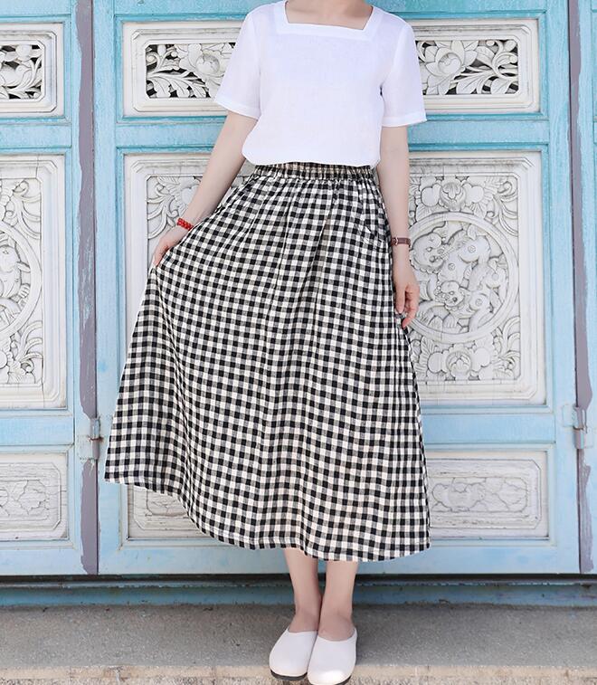 Plaid Women's Skirts Summer Linen Skirt Elastic Waist SSM09755 VPPBUY shop