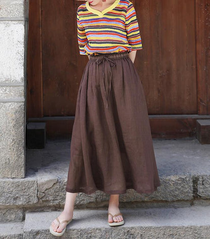 Coffee Women's Skirts Summer Linen Skirt Elastic Waist SSM09755 VPPBUY shop