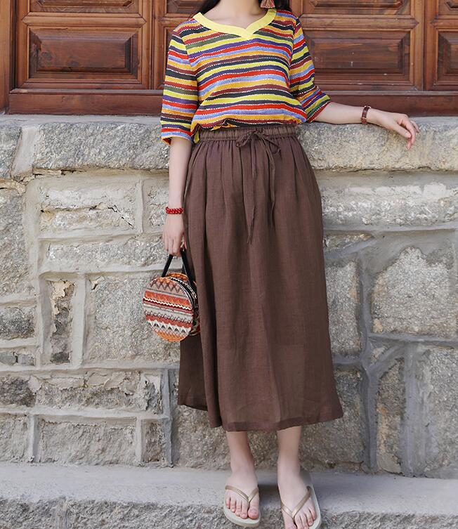 Coffee Women's Skirts Summer Linen Skirt Elastic Waist SSM09755 VPPBUY shop