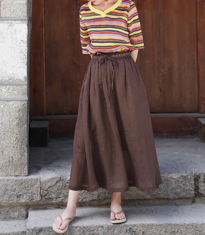 Coffee Women's Skirts Summer Linen Skirt Elastic Waist SSM09755 VPPBUY shop