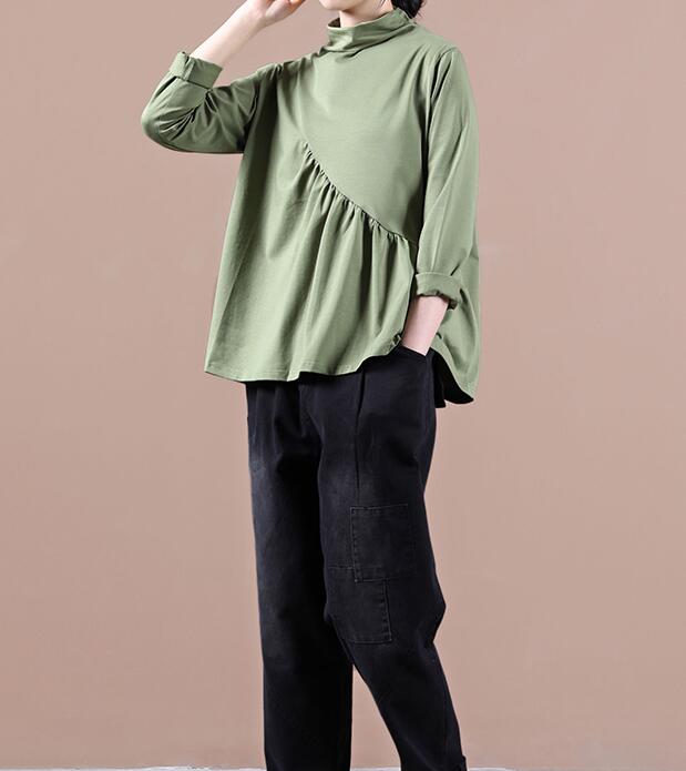 High Collar Green Shirts Fall Women Cotton Tops Women  BlouseH9506 VPPBUY shop