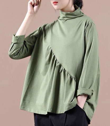 High Collar Green Shirts Fall Women Cotton Tops Women  BlouseH9506 VPPBUY shop