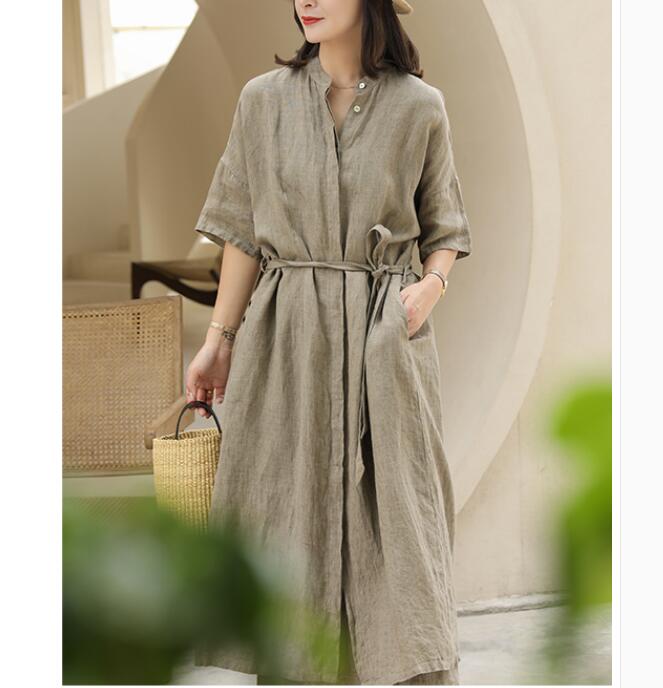 Buttons Washed Soft Summer Linen Women Shirts Dresses Drop Shoulder Long Women Dresses Waist Belt97292 VPPBUY shop