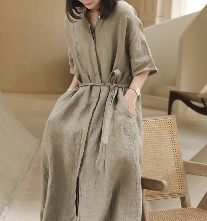 Buttons Washed Soft Summer Linen Women Shirts Dresses Drop Shoulder Long Women Dresses Waist Belt97292 VPPBUY shop