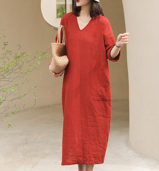 V Neck Summer Women Linen Dresses Washed Soft Linen Summer Dresses Short Sleeve Women Dresses 97292 VPPBUY shop