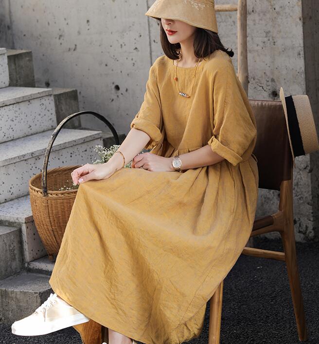 Square Neck Summer Women Linen Dresses Loose Summer Linen Raglan Sleeve Long Women Dresses 7729 VPPBUY shop