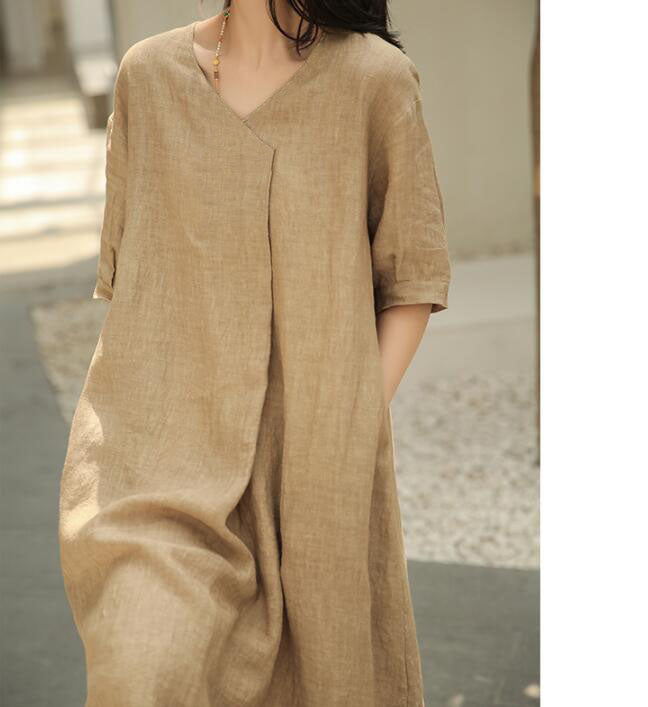 V Neck Washed Soft Summer Dresses Linen Drop Shoulder Women Dresses 5729 VPPBUY shop