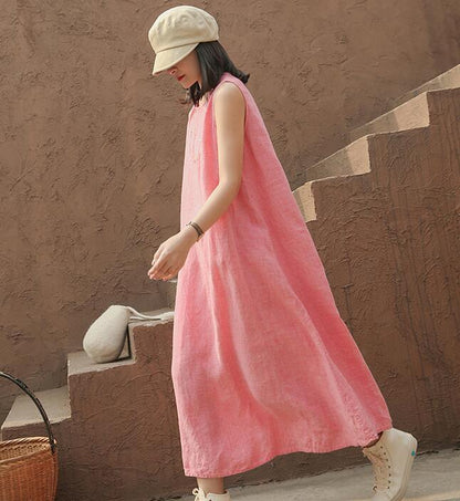 Pink Sleeveless Women Summer Linen Dresses Soft Washed Summer Long Women Dresses 57292 VPPBUY shop