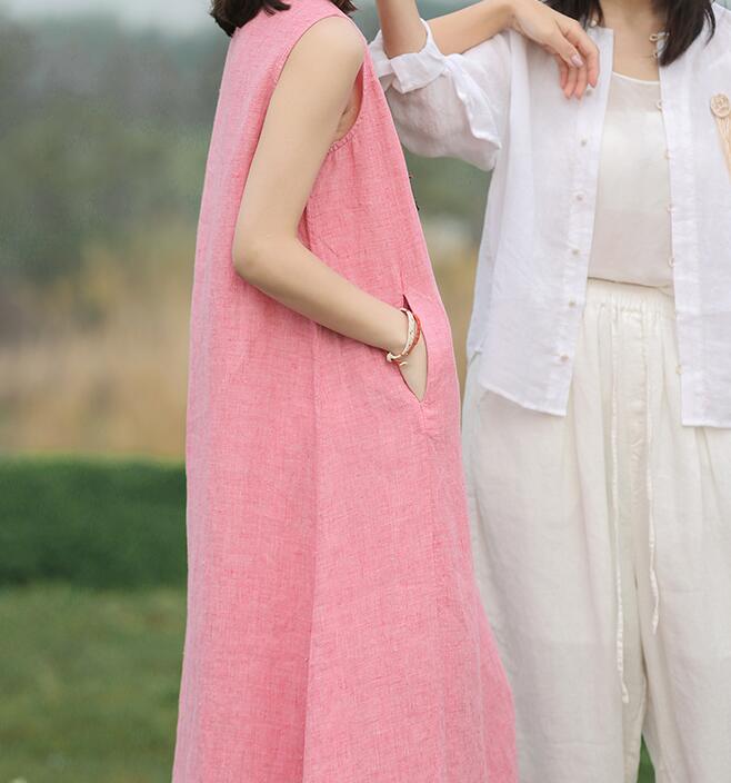 Pink Sleeveless Women Summer Linen Dresses Soft Washed Summer Long Women Dresses 57292 VPPBUY shop