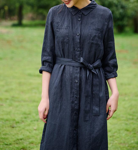 Linen Shirts Dresses long Women Linen Dress Waist Belt9223 VPPBUY shop