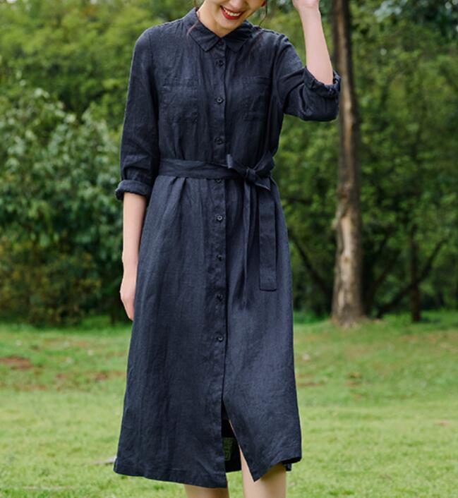 Linen Shirts Dresses long Women Linen Dress Waist Belt9223 VPPBUY shop