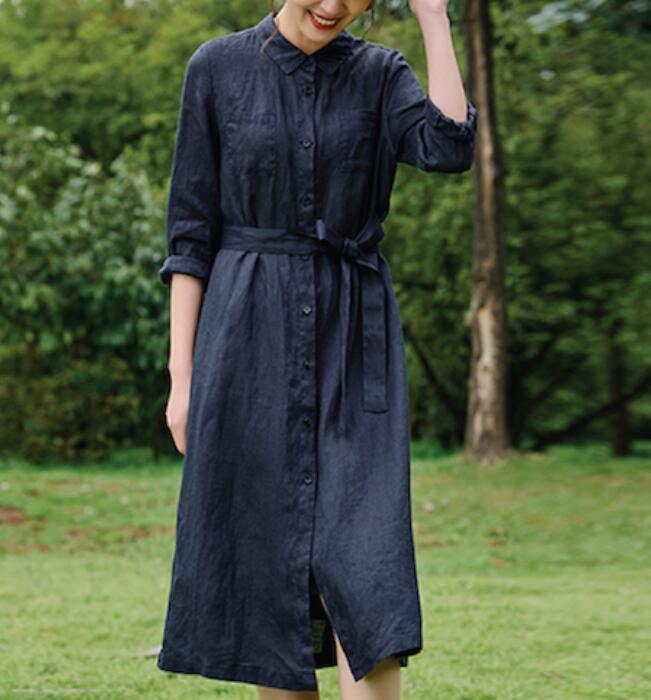 Linen Shirts Dresses long Women Linen Dress Waist Belt9223 VPPBUY shop