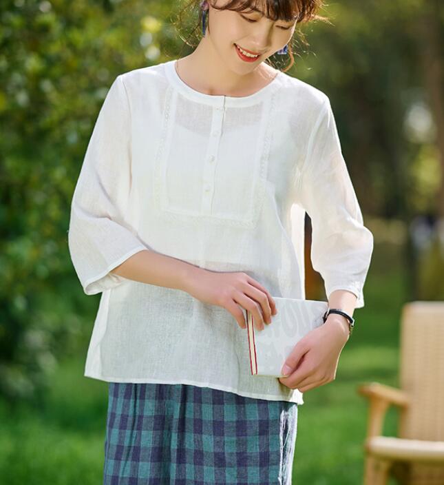 White Linen Tops Round Collar Women Linen Shirt Tops 6107 VPPBUY shop