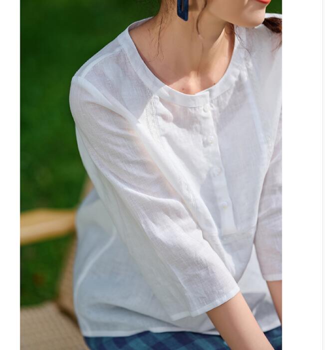 White Linen Tops Round Collar Women Linen Shirt Tops 6107 VPPBUY shop