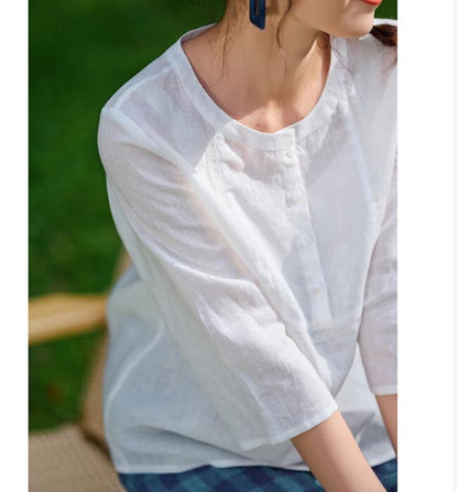 White Linen Tops Round Collar Women Linen Shirt Tops 6107 VPPBUY shop