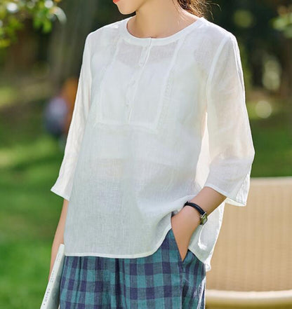 White Linen Tops Round Collar Women Linen Shirt Tops 6107 VPPBUY shop