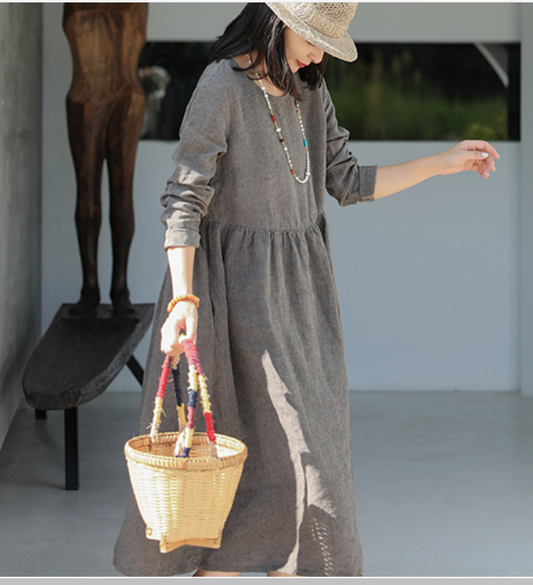 Soft Gray Linen Dresses Summer long SpringWomen Linen Dress  9923 VPPBUY shop