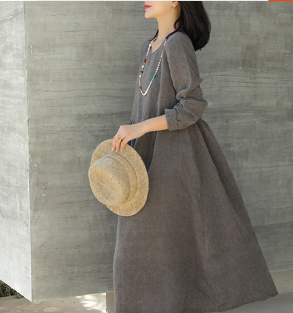 Soft Gray Linen Dresses Summer long SpringWomen Linen Dress  9923 VPPBUY shop