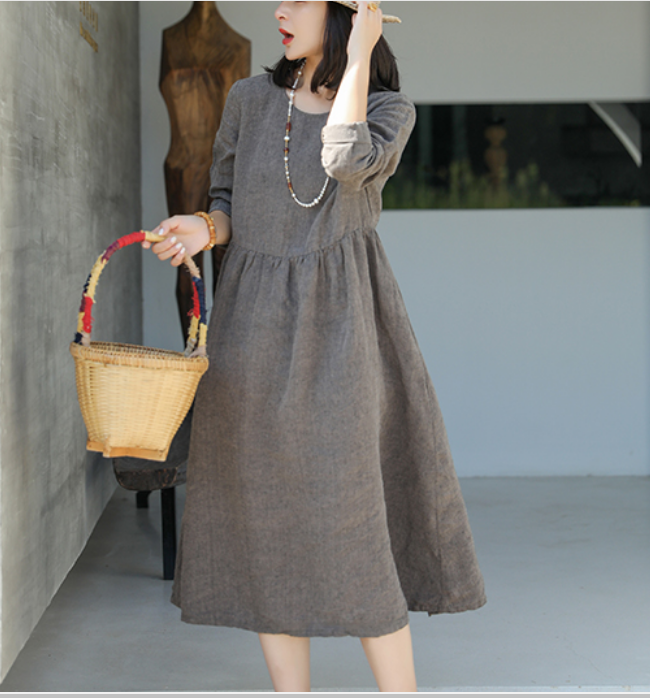 Soft Gray Linen Dresses Summer long SpringWomen Linen Dress  9923 VPPBUY shop