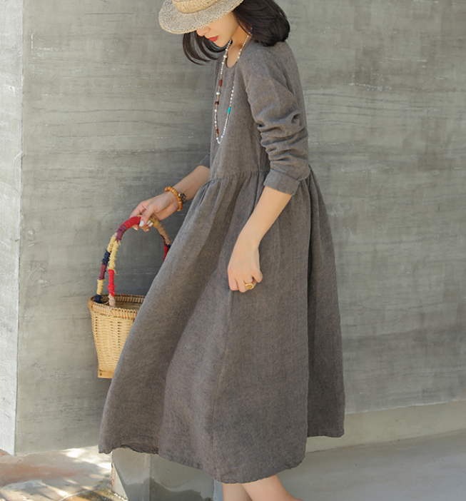 Soft Gray Linen Dresses Summer long SpringWomen Linen Dress  9923 VPPBUY shop