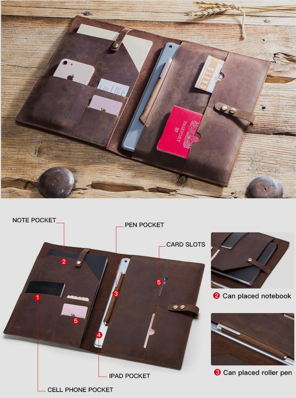 Leather Portfolio,Personalized Tablet Case Envelop, Notebook Holder, Organizer Folders, Engraving for Gift VPPBUY shop