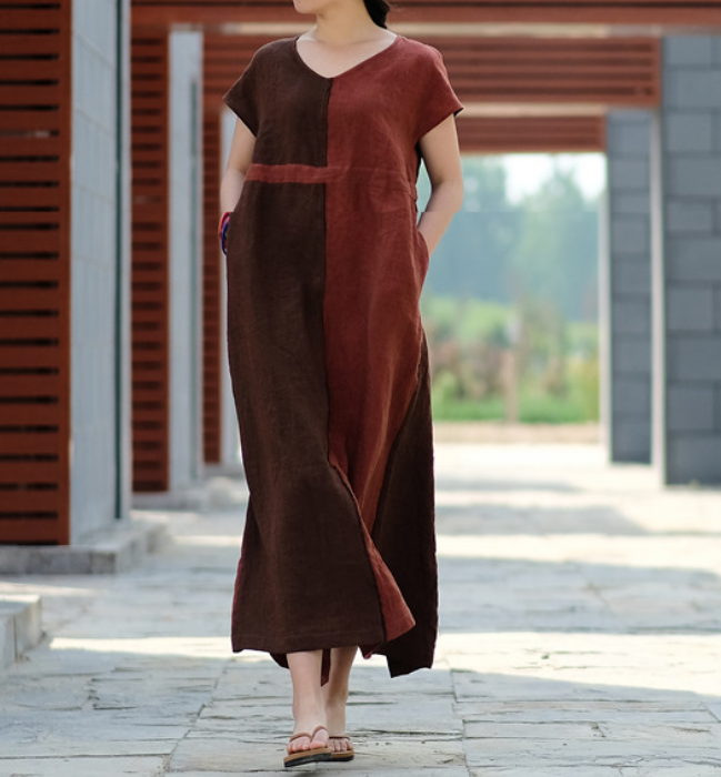 Contrast Color Linen High Waist Summer Women Dress SJ9201229 VPPBUY shop