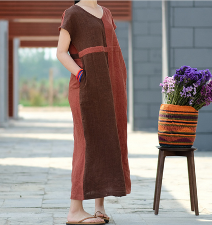 Contrast Color Linen High Waist Summer Women Dress SJ9201229 VPPBUY shop