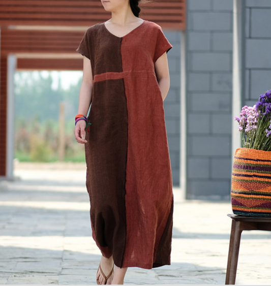 Contrast Color Linen High Waist Summer Women Dress SJ9201229 VPPBUY shop