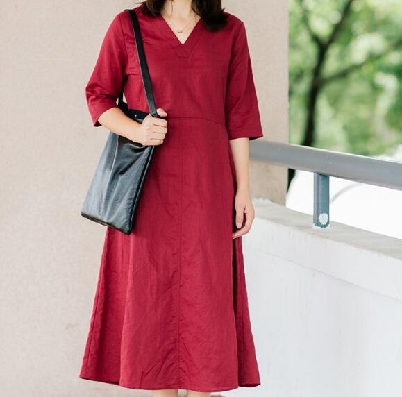 Red Soft Linen Women Dresses Half Sleeves Summer Women Dresses XH9998 VPPBUY shop