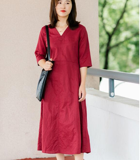 Red Soft Linen Women Dresses Half Sleeves Summer Women Dresses XH9998 VPPBUY shop