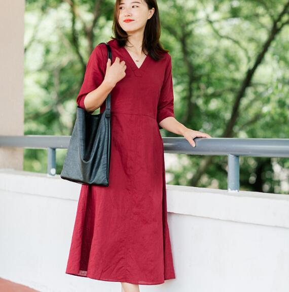 Red Soft Linen Women Dresses Half Sleeves Summer Women Dresses XH9998 VPPBUY shop