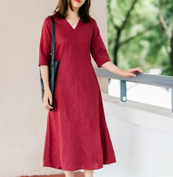 Red Soft Linen Women Dresses Half Sleeves Summer Women Dresses XH9998 VPPBUY shop