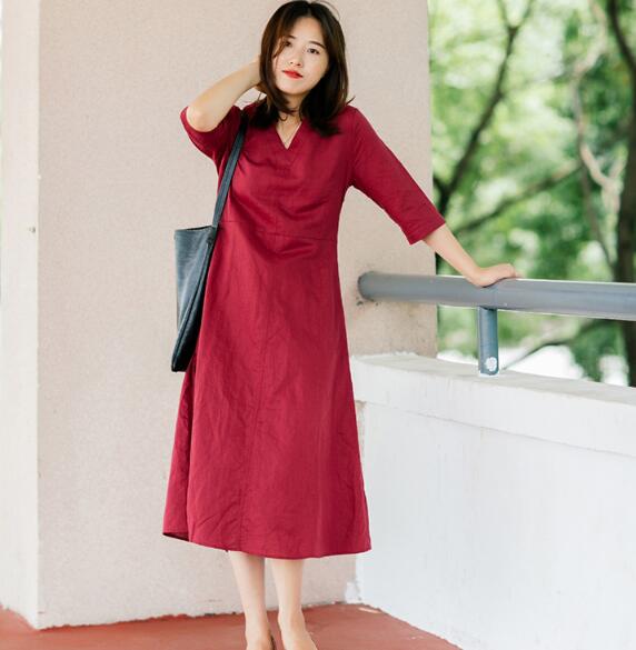 Red Soft Linen Women Dresses Half Sleeves Summer Women Dresses XH9998 VPPBUY shop