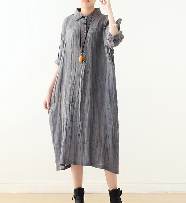 Wrinkled  Linen Loose Long Buttons Dresses Plus Size AMT962328 VPPBUY shop