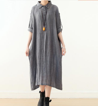 Wrinkled  Linen Loose Long Buttons Dresses Plus Size AMT962328 VPPBUY shop